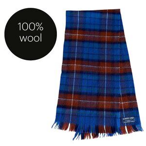 ALBERTO CORSI Blue & Brown Plaid 100% Wool Fringe Scarf one size
